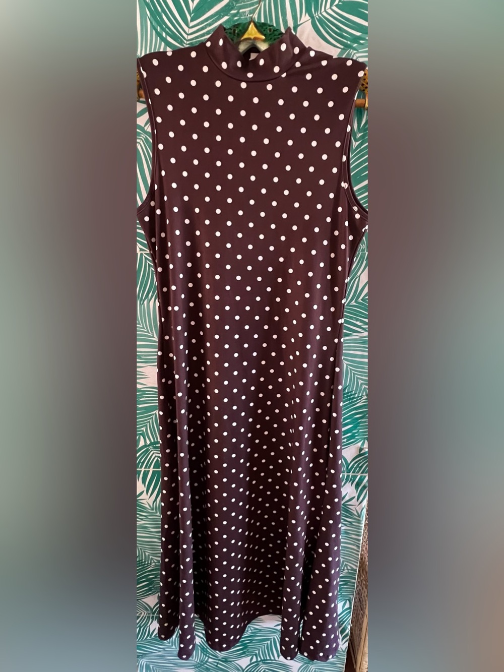 Sleeveless Brown Polka Dot Midi Dress - Classic Mock Neck SzL